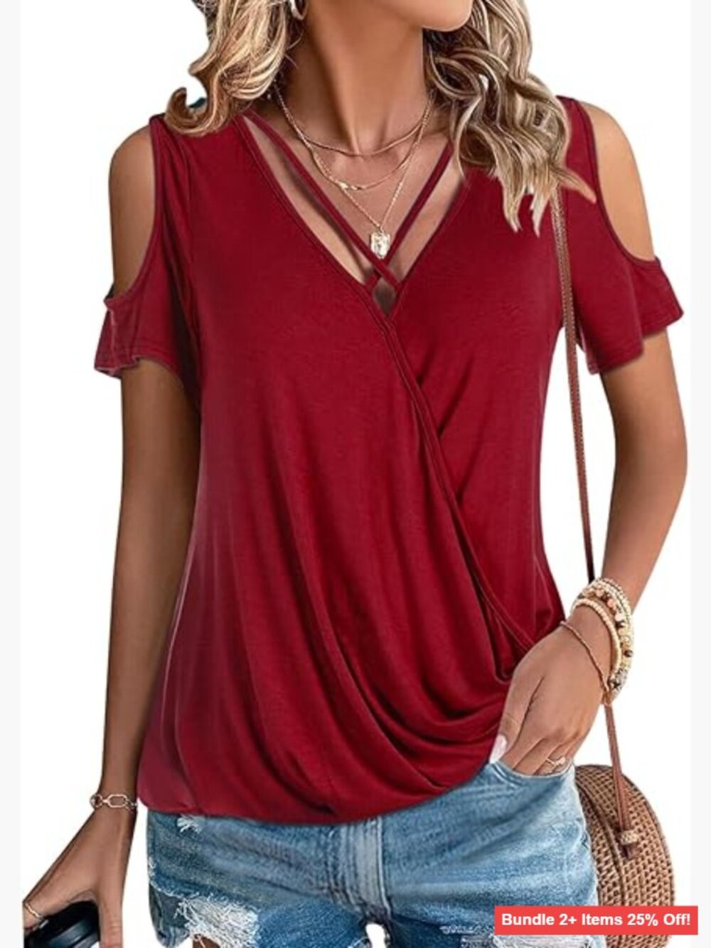 Loose Fit Cold Shoulder Wrap Top, Criss Cross V-Neck, Summer Blouse